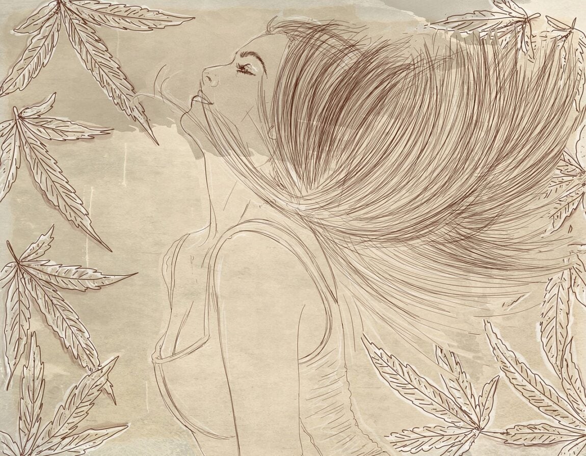 illustrated sketching of a woman surrounded by cannabis leaves